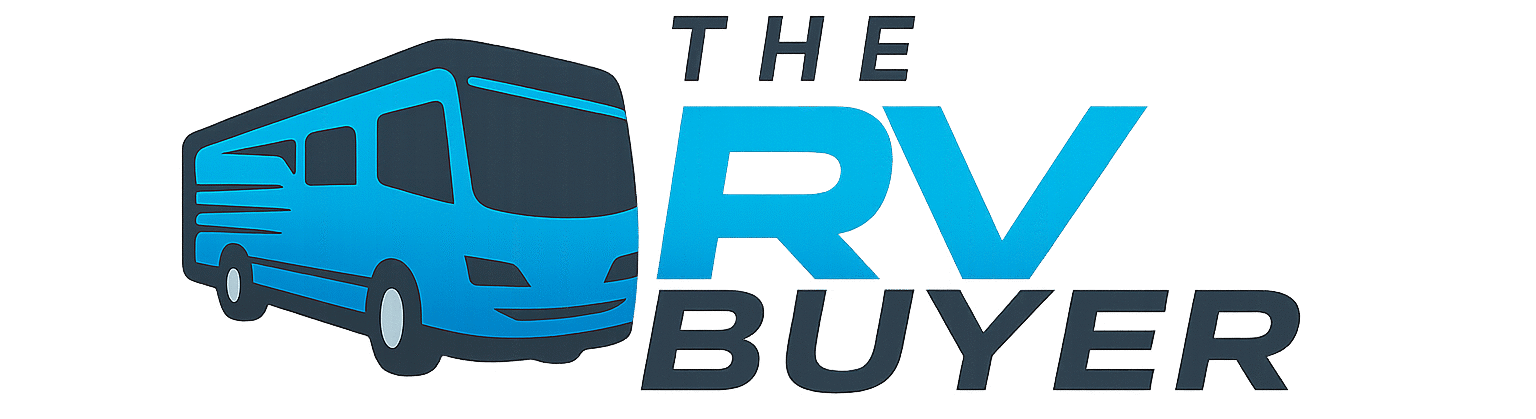 The RV Buyer logo featuring a modern blue and gray Class A motorhome with bold text reading The RV Buyer, symbolizing a trusted RV buying service.
